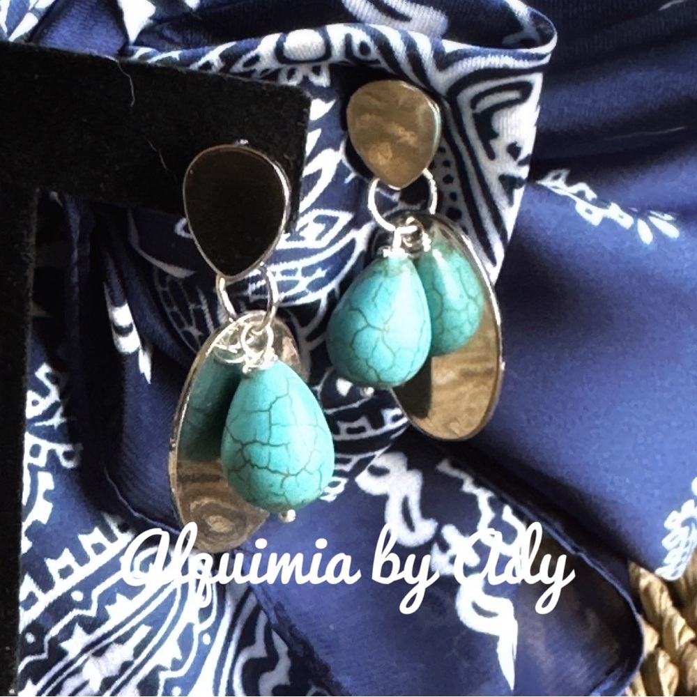 Big turquoise Aqua and Silver Teardrop Earrings